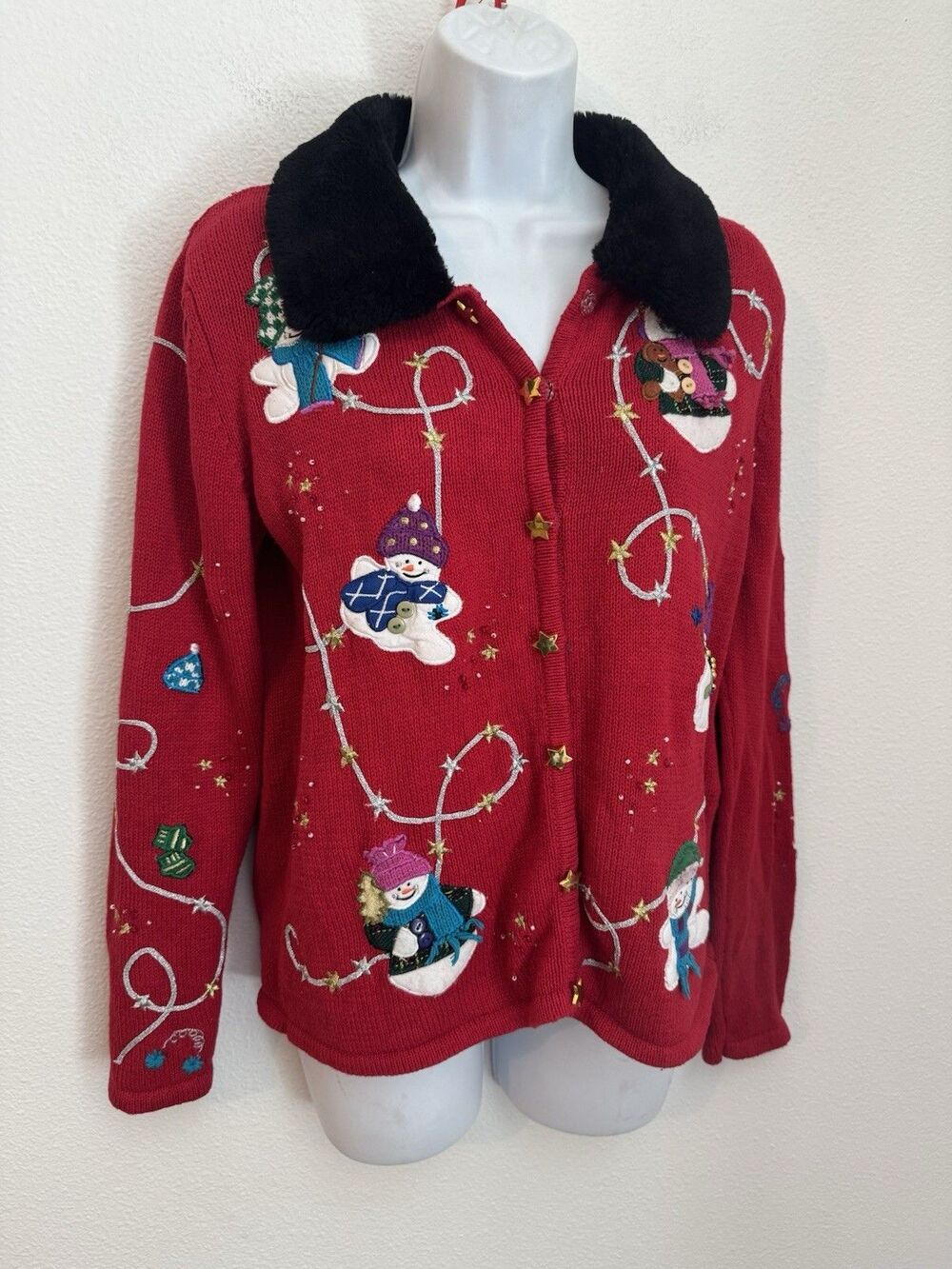 Designers Original Studios Joy Christmas Sweater Cardigan Snowman Ugly Sweater S